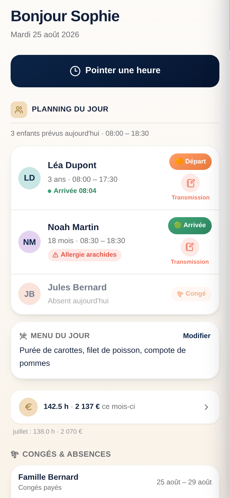 Écran d'accueil Nounou+ : enfants accueillis, pointage, menu du jour