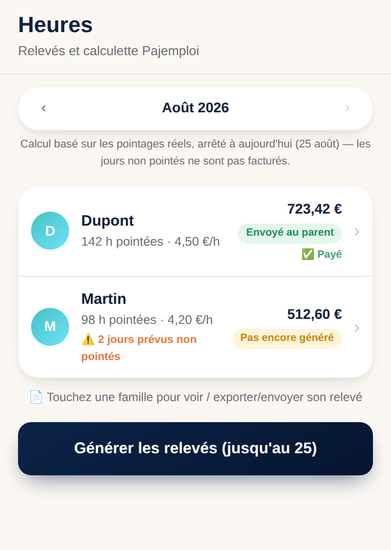 Écran des heures et relevés mensuels
