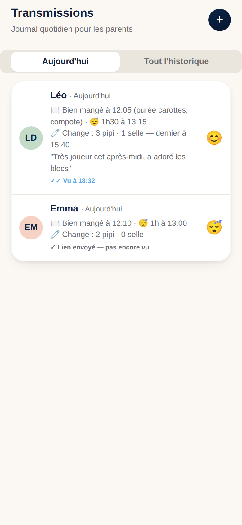 Écran de transmissions du jour
